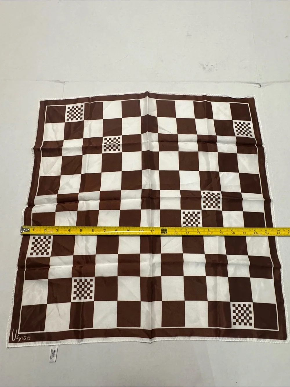 Vintage Vera Neumann Brown White Checkered Scarf 22”x22”